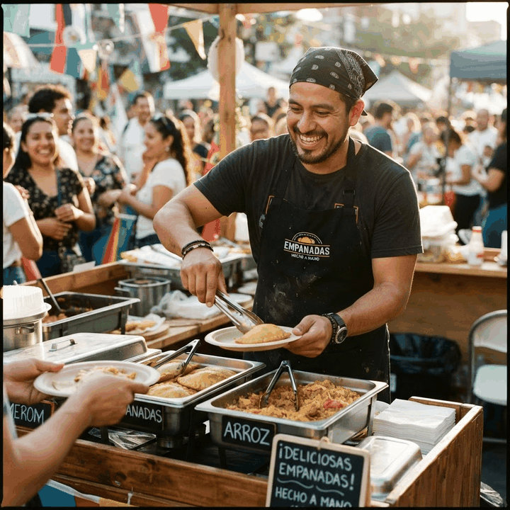 Chef sirviendo comida latina en un evento comunitario