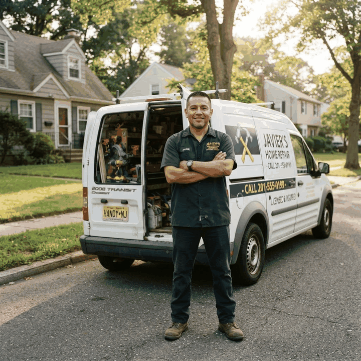 Técnico de reparaciones del hogar junto a su camioneta de trabajo